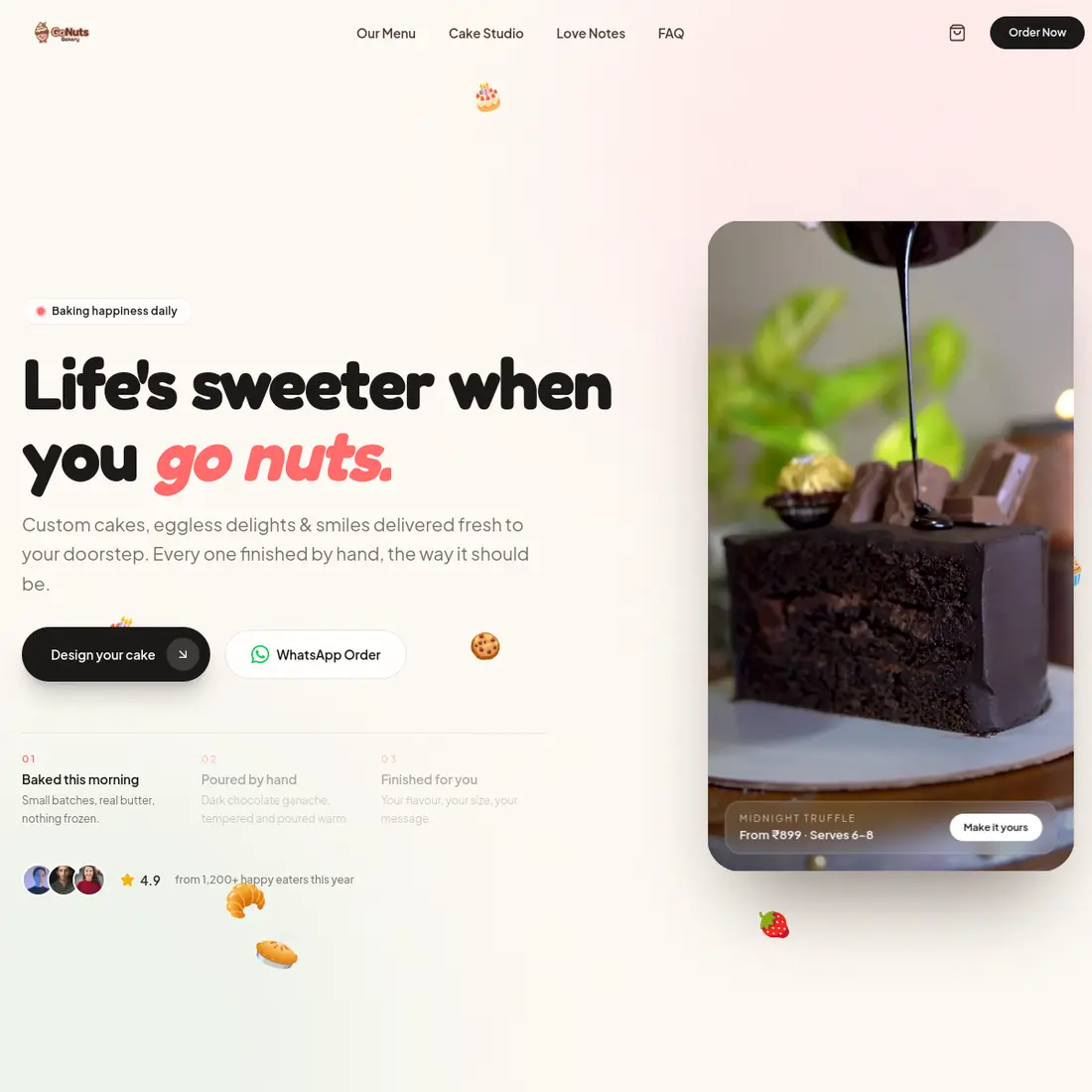GoNuts bakery website with product cards and cake customiser