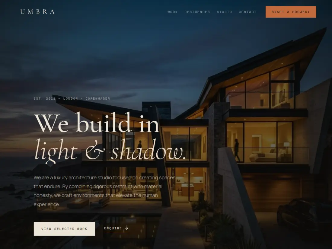 Umbra luxury architecture concept website with editorial typography and dark imagery